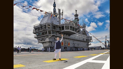 Prime Minister Narendra Modi during the commissioning ceremony of the first indigenously designed and built aircraft carrier, INS Vikrant, in Kochi on Friday. (PTI) Prime Minister Narendra Modi during the commissioning ceremony of the first indigenously designed and built aircraft carrier, INS Vikrant, in Kochi on Friday. (PTI)