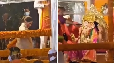 Deepika Padukone and Ranveer Singh during the Ganesh Visarjan hosted by the Ambanis. Deepika Padukone and Ranveer Singh during the Ganesh Visarjan hosted by the Ambanis. 