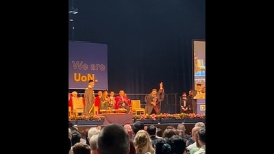 The image, taken from the viral Instagram video shows a man dancing on the stage during graduation ceremony. (Instagram/@faizaan_alam)