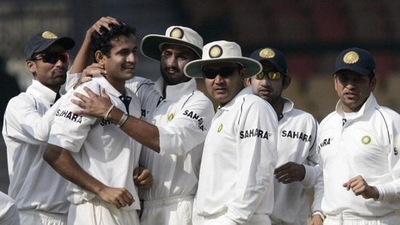 Irfan Pathan, Harbhajan Singh celebrate with teammates Irfan Pathan, Harbhajan Singh celebrate with teammates