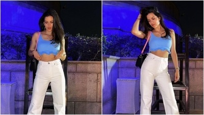 Natasa Stankovic earlier wore this blue crop top which she teamed with a white high-rise jeans for a date night with her husband Hardik Pandya. (Instagram/natasastankovic__)