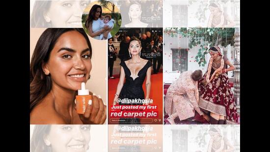 (Left to right) Diipa with a product from her own beauty line; with her daughter, Dua; on the Cannes red carpet in 2015; her husband, Oleg, touching her feet the day they got married