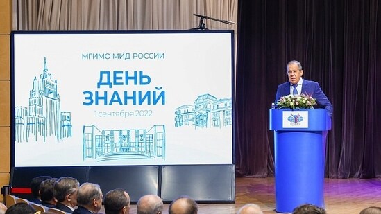 Russian FM Sergey Lavrov speaks at an event. (Photo credit@RusEmbIndia)