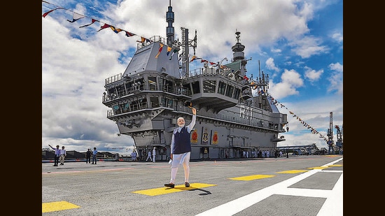Prime Minister Narendra Modi during the commissioning ceremony of the first indigenously designed and built aircraft carrier, INS Vikrant, in Kochi on Friday. (PTI)