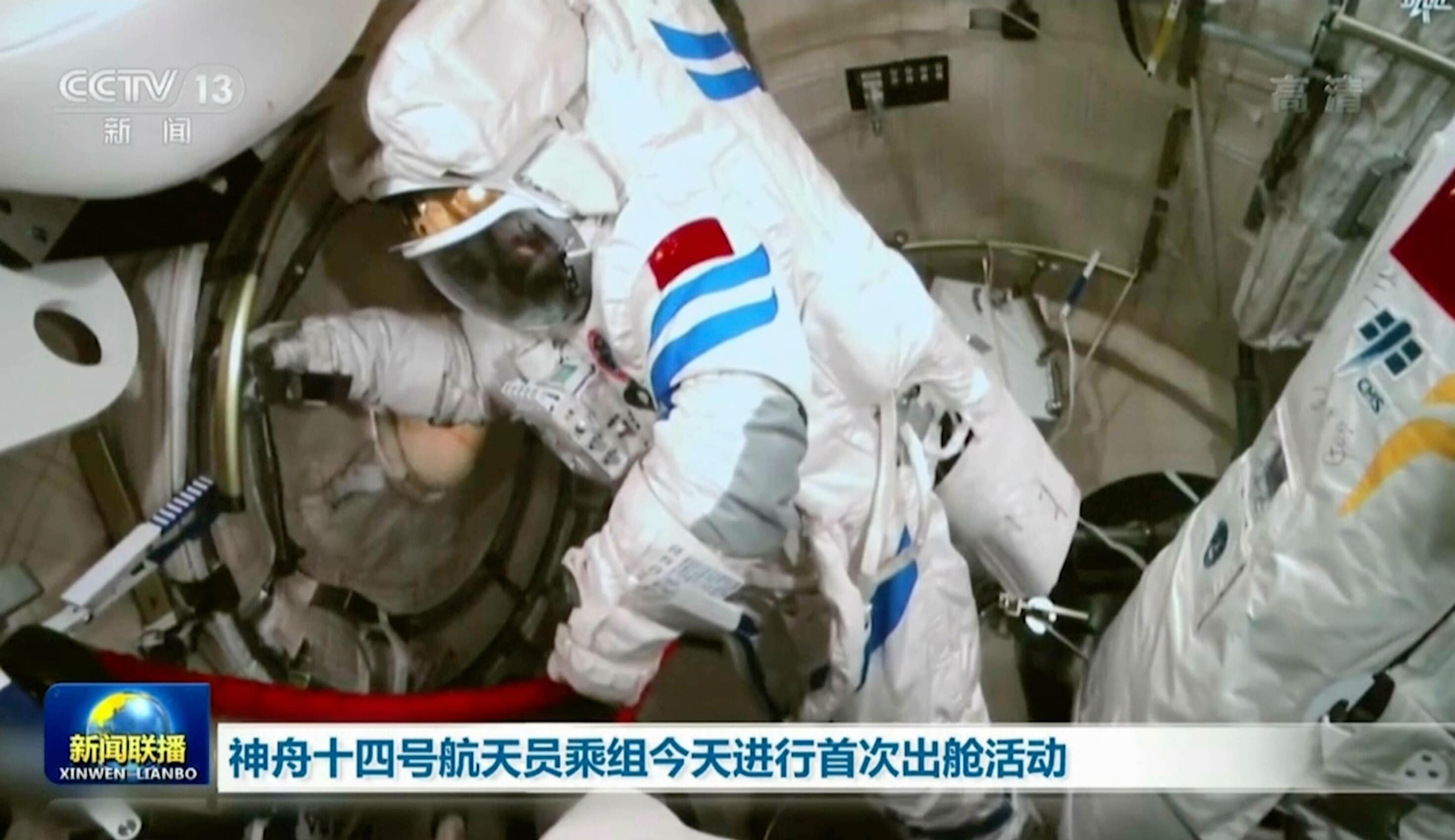 The pair completed a series of tasks including installing external parts to the module and testing its functions, while the remaining astronaut Cai Xuzhe coordinated from inside the cabin, official news agency Xinhua reported. (CCTV via AP)