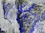 The left side of the Copernicus Sentinel-1 image shows a wide view of the area affected and the image on the right zooms into the area between Dera Murad Jamali and Larkana. The left side of the Copernicus Sentinel-1 image shows a wide view of the area affected and the image on the right zooms into the area between Dera Murad Jamali and Larkana.
