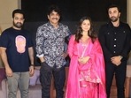 Jr NTR, Nagarjuna, Alia Bhatt and Ranbir Kapoor at Brahmastra event. (Varinder Chawla) Jr NTR, Nagarjuna, Alia Bhatt and Ranbir Kapoor at Brahmastra event. (Varinder Chawla)