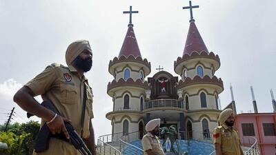 Members of Punjab police personnel stand guard at a church in Amritsar on Friday. (AFP) Members of Punjab police personnel stand guard at a church in Amritsar on Friday. (AFP)