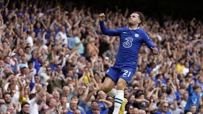 Chelsea's Ben Chilwell celebrates after scoring his side's opening goal during the English Premier League soccer match (AP) Chelsea's Ben Chilwell celebrates after scoring his side's opening goal during the English Premier League soccer match (AP)