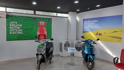 Electric scooters parked at a showroom in Kerala's Malappuram. (Twitter/Hero Electric) Electric scooters parked at a showroom in Kerala's Malappuram. (Twitter/Hero Electric)