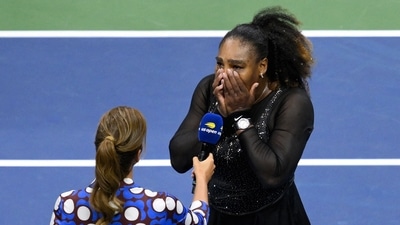  Serena Williams gets emotional in a post match interview after losing against Australia's Ajla Tomljanovic during their 2022 US Open Tennis tournament women's singles third round match. (AFP) Serena Williams gets emotional in a post match interview after losing against Australia's Ajla Tomljanovic during their 2022 US Open Tennis tournament women's singles third round match. (AFP)