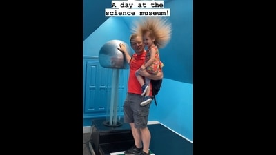 The image, taken from the viral video on Instagram, shows a father daughter experimenting in a science museum.&nbsp; (Instagram/@pookienmonkey)