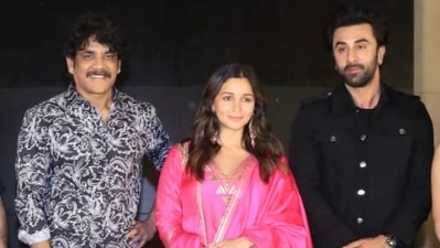 Nagarjuna with Alia Bhatt and Ranbir Kapoor at Brahmastra event in Hyderabad. (Varinder Chawla) Nagarjuna with Alia Bhatt and Ranbir Kapoor at Brahmastra event in Hyderabad. (Varinder Chawla)