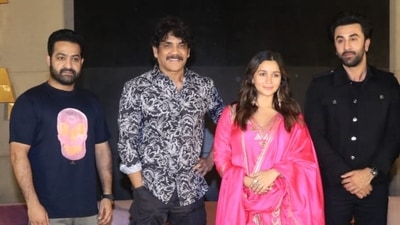 Jr NTR, Nagarjuna, Alia Bhatt and Ranbir Kapoor at Brahmastra event. (Varinder Chawla) Jr NTR, Nagarjuna, Alia Bhatt and Ranbir Kapoor at Brahmastra event. (Varinder Chawla)