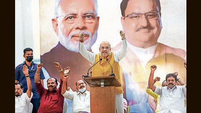 Union home minister Amit Shah addresses a convention in Thiruvananthapuram on Saturday. (PTI) Union home minister Amit Shah addresses a convention in Thiruvananthapuram on Saturday. (PTI)