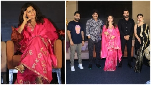 Alia Bhatt with Ranbir Kapoor, Jr NTR, Nagarjuna and Mouni Roy.&nbsp; (HT Photo/Varinder Chawla)