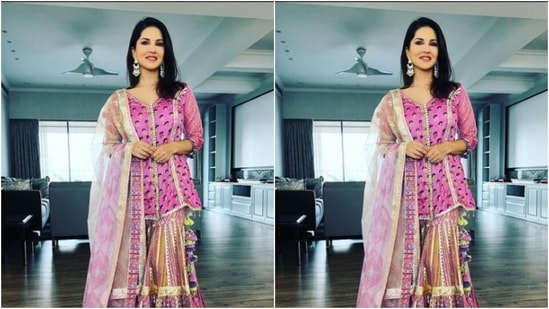 In statement silver earrings, Sunny minimally accessorised her look for Ganesh Chaturthi this year.(Instagram/@sunnyleone)