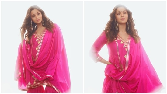 Mom-to-be Alia Bhatt is all set to welcome her baby anytime soon. The actor has been garnering all the praises for balancing both her personal and professional life like a true boss lady. She has been gaining all the limelight for her ace maternity looks. Recently, she stepped out to promote her upcoming film Brahmastra along with her husband Ranbir Kapoor donning a pretty pink Gharara set.(Instagram/@aliaabhatt)