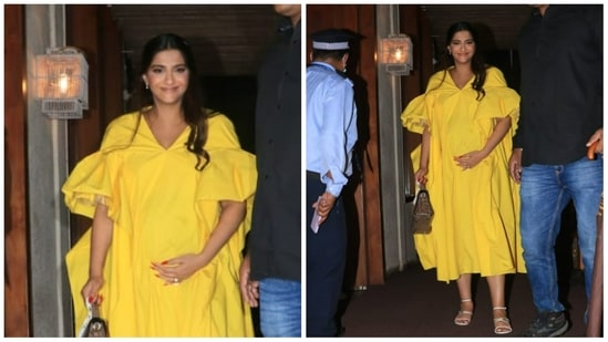 Sonam Kapoor has always been experimental with her fashion choices and has not slowed down at all due to pregnancy. Her striking yellow outfit is stunning. The dress is a great example of pregnancy fashion because it is easy to wear, light, and quickly elevates your appearance.(HT Gallery)