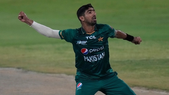 Pakistan's Shahnawaz Dahani celebrates after taking a wicket (AP)