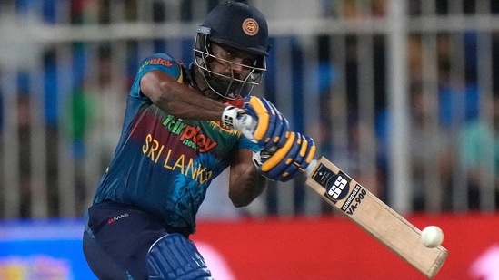 Sri Lanka's Danushka Gunathilaka plays a shot during the T20 cricket match of Asia Cup between Sri Lanka and Afghanistan(AP)