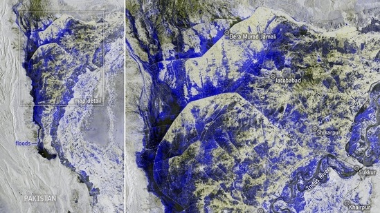 The left side of the Copernicus Sentinel-1 image shows a wide view of the area affected and the image on the right zooms into the area between Dera Murad Jamali and Larkana.(ESA)