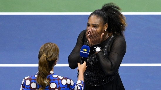 &nbsp;Serena Williams gets emotional in a post match interview after losing against Australia's Ajla Tomljanovic during their 2022 US Open Tennis tournament women's singles third round match.(AFP)