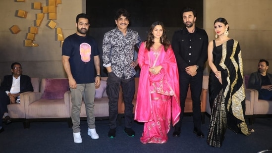 Jr NTR, Nagarjuna and Mouni Roy were also present at the Brahmastra event.(HT Photo/Varinder Chawla)