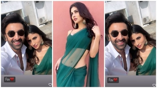 Mouni also shared a video of herself flaunting the beauteous green saree and a selfie with her co-star Ranbir Kapoor. While she captioned the photo, "Fav [heart emoji]," for the clip, she wrote, "Lavished in perfect grace #ASareeGirlForever."(Instagram)