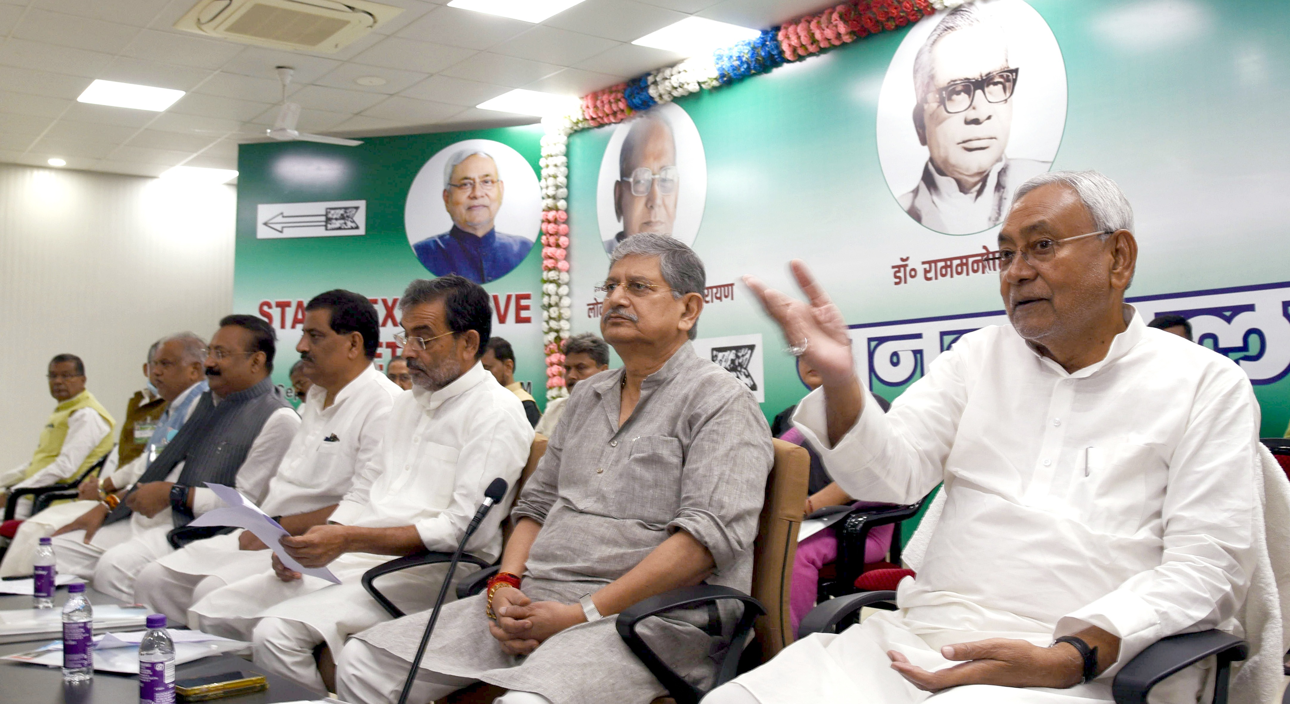 Bihar chief minister Nitish Kumar with JDU leaders at the party's executive meeting in Patna on Saturday. (ANI)