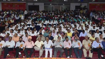 Bank employees during the conference on banks’ privatisation at Guru Nanak Dev Bhawan in Ludhiana. (Harvinder Singh/HT)