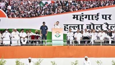 Congress leader Rahul Gandhi at the rally at Ramlila Maidan, in New Delhi, on Sunday. (Sanjeev Verma/HT photo) Congress leader Rahul Gandhi at the rally at Ramlila Maidan, in New Delhi, on Sunday. (Sanjeev Verma/HT photo)