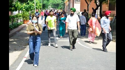 Students coming out from the examination center after appearing in UPSC exam in Ludhiana on Sunday. (Harvinder Singh/HT) Students coming out from the examination center after appearing in UPSC exam in Ludhiana on Sunday. (Harvinder Singh/HT)