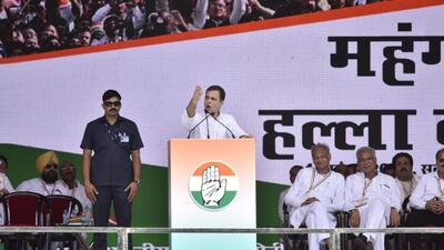 Rahul Gandhi addressed the Congress rally, ‘Mehengai par Hall Bol’, at New Delhi’s Ramlila Maidan on Sunday. (Photo by Sanjeev Verma) Rahul Gandhi addressed the Congress rally, ‘Mehengai par Hall Bol’, at New Delhi’s Ramlila Maidan on Sunday. (Photo by Sanjeev Verma)