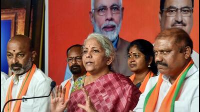 Union finance minister Nirmala Sitharaman released a status report on Telangana’s finances, in Hyderabad on Saturday. (PTI) Union finance minister Nirmala Sitharaman released a status report on Telangana’s finances, in Hyderabad on Saturday. (PTI)