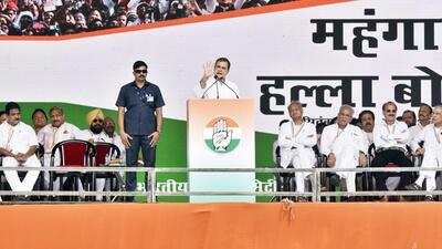 Congress leader Rahul Gandhi at the rally at Ramlila Maidan in New Delhi on Sunday. (Sanjeev Verma/HT photo)