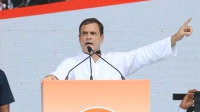 Congress leader Rahul Gandhi speaking at the Ramlila Maidan during the party’s ‘Halla Bol’ rally. (Twitter/@INCIndia)