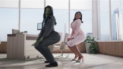 Tatiana Maslany and Meghan Thee Stallion in a scene from She-Hulk: Attorney at Law. Tatiana Maslany and Meghan Thee Stallion in a scene from She-Hulk: Attorney at Law.