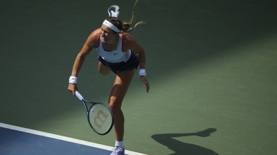 Victoria Azarenka, of Belarus, serves to Petra Martic, of Croatia, during the third round of the U.S. Open tennis championships, Saturday, Sept. 3, 2022, in New York. (AP) Victoria Azarenka, of Belarus, serves to Petra Martic, of Croatia, during the third round of the U.S. Open tennis championships, Saturday, Sept. 3, 2022, in New York. (AP)