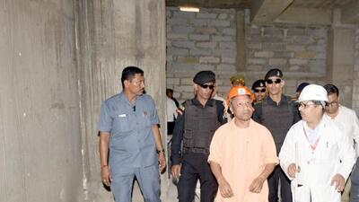 Uttar Pradesh chief minister Yogi Adityanath inspecting construction work at the Mahatma Vidur Medical College in Bijnor on Sunday. (HT PHOTO)