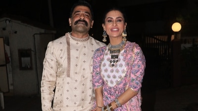 Eijaz Khan attended Ekta Kapoor's Ganpati gathering with girlfriend Pavitra Punia. The two had met in the Bigg Boss 14 house and have been together ever since. They continue to be spotted at parties and events. (Varinder Chawla) 