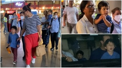 Kareena Kapoor, Saif Ali Khan, Taimur Ali Khan, and Jehangir Ali Khan return from Pataudi. Image Courtesy- Varinder Chawla.