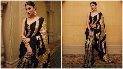 In the end, Mouni chose gold-toned ornate jewellery to accessorise the traditional ensemble. She picked jhumkis, an ornate bracelet, rings and matching high heels. A sleek low bun added a chic finishing touch to the six yards. (Instagram)