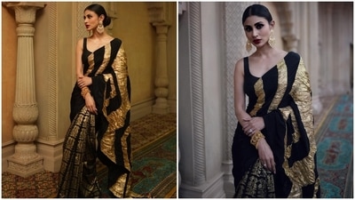 On Friday, Mouni joined Alia Bhatt, Ranbir Kapoor, Karan Johar, Nagarjuna, Jr NTR, SS Rajamouli and the makers of Brahmastra to promote the film. The star draped herself in a classic black and gold saree for the occasion and transported us into a vintage dream with her bold and chic look. (Instagram)