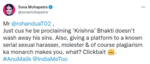 Sona Mohapatra's tweet on Anu Malik.