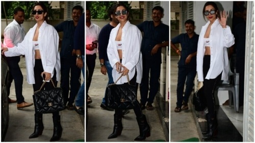 Malaika Arora wears a bralette, oversized shirt and black pants. (HT Photo/Varinder Chawla) Malaika Arora wears a bralette, oversized shirt and black pants. (HT Photo/Varinder Chawla)