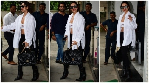 Malaika Arora styled the monochrome look with minimal accessories. (HT Photo/Varinder Chawla) Malaika Arora styled the monochrome look with minimal accessories. (HT Photo/Varinder Chawla)
