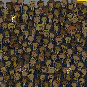 The image highlights three different coloured owls hidden among the students.&nbsp; (Instagram/@thedudolf)