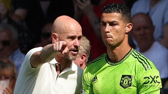 Dutch manager Erik ten Hag (L) directs substitute Cristiano Ronaldo during the Premier League match between Southampton and Manchester United at St Mary's Stadium. (AFP)