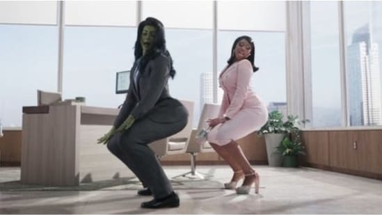 Tatiana Maslany and Meghan Thee Stallion in a scene from She-Hulk: Attorney at Law.